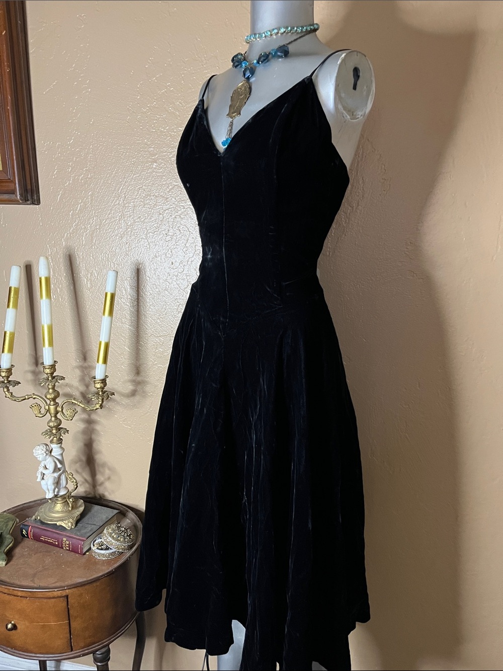 Vintage Casadei Black Velvet Midi Slip Dress.  Sz S